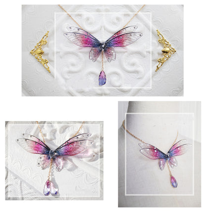 A girl wearing an Elegant Fairy Ombre Elf Wings Necklace by Maramalive™ with lace and pearls.
