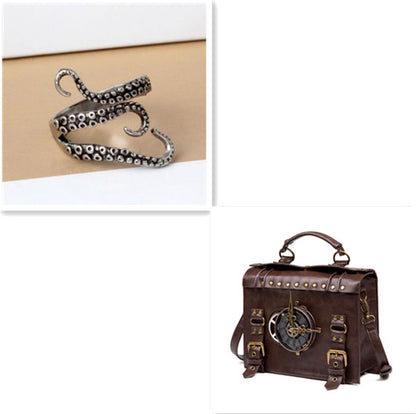 A Maramalive™ steampunk industrial retro style shoulder bag For the Steampunk Fan inside you with a clock on it.