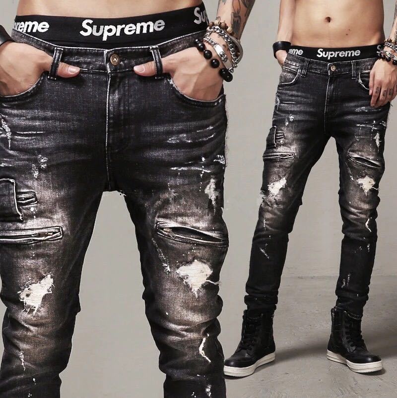 European And American High-street Fashion Men's Zippered Torn Jeans