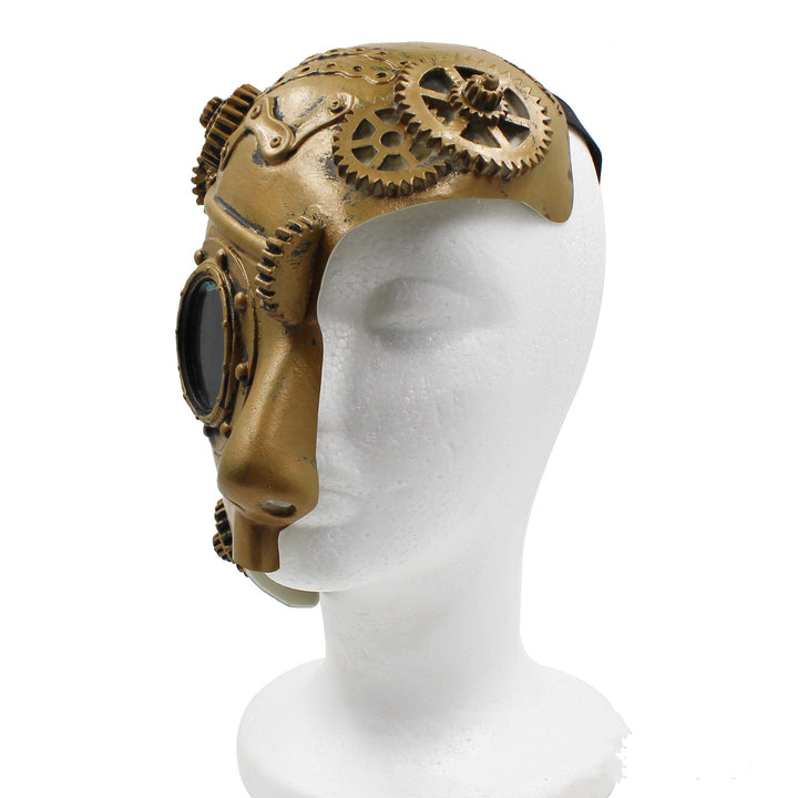 A man wearing a Maramalive™ Steampunk Half Face Props Anime Game mask with gears on it.