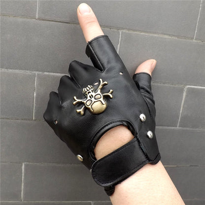 A hand holding a pair of Steampunk Pirate Gloves PU Leather Gothic Medieval Cosplay from Maramalive™ with a skull and crossbones on them.
