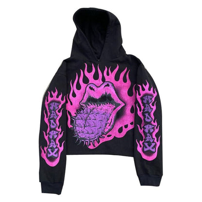 Maramalive™ Popular Skull Print Design Hoodie Retro Street Gothic Style with neon pink flame graphics on the sleeves and a large central image featuring lips with a studded tongue, adding an urban edge to the gothic street style.