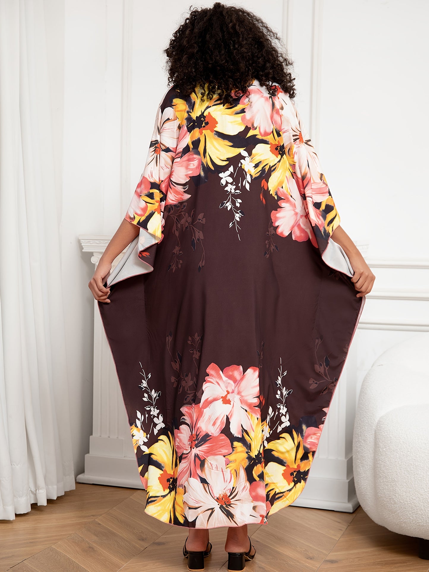 Plus Size Floral Print Dress, Casual V Neck Batwing Sleeve Dress, Women's Plus Size Clothing For Ramadan