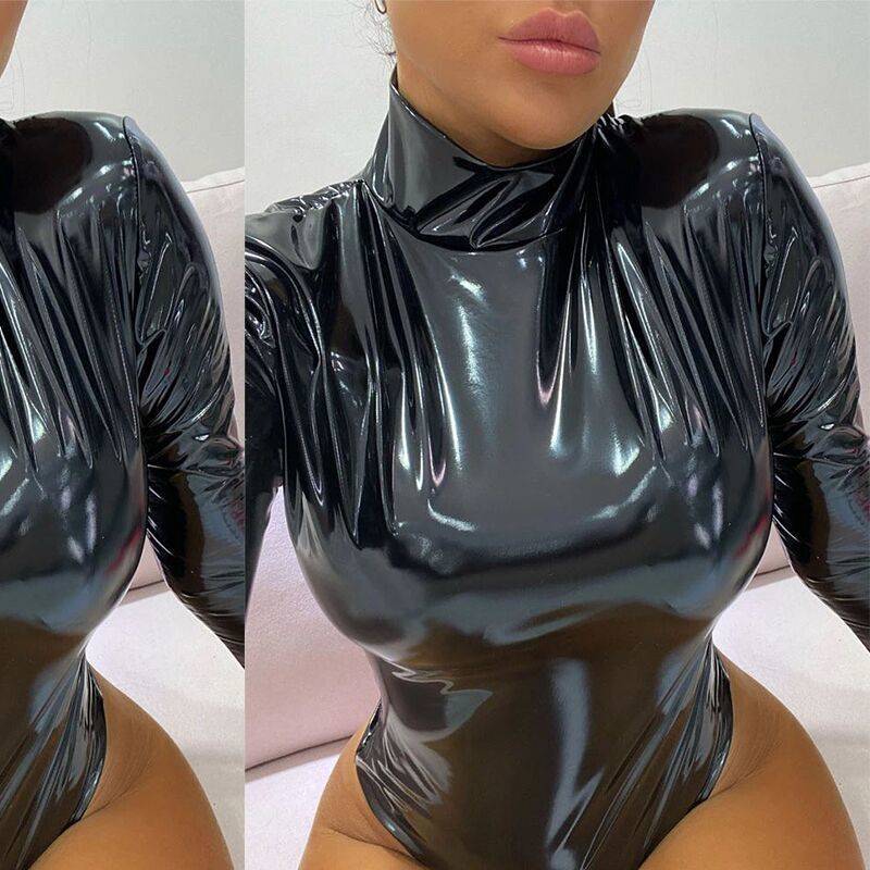A sexy black patent leather bodysuit with long sleeves by Maramalive™.