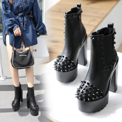 Ladies black platform rivet thick heel boots