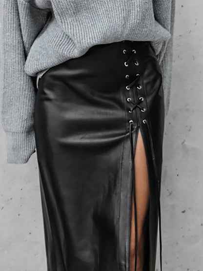Laced Black Leather Skirt | Side Split Punk Vegan-friendly