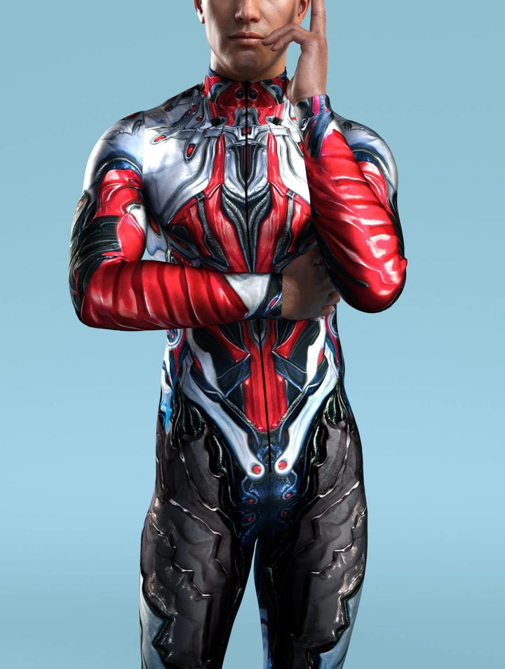 A person in a full-body, futuristic, red and black spandex costume stands against a light blue background, with one hand touching their face and the other arm crossed over their chest, wearing the Halloween Tights 3D Digital Printing Cos One-piece Play Costume by Maramalive™.