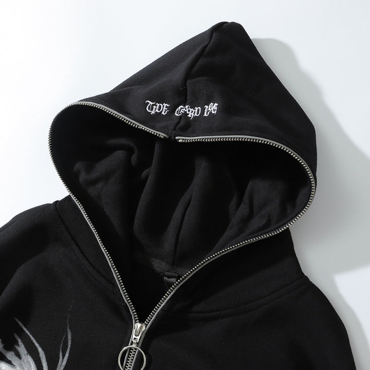 A black zip-up, cotton-blended autumn Maramalive™ FallWinter College BF Wind Hooded Cardigan Sweatshirt National Tide Printed Loose Sports Casual Hoodie with the hood partly open, displaying white text. The text reads "THE END 04" on the edge of the hood.