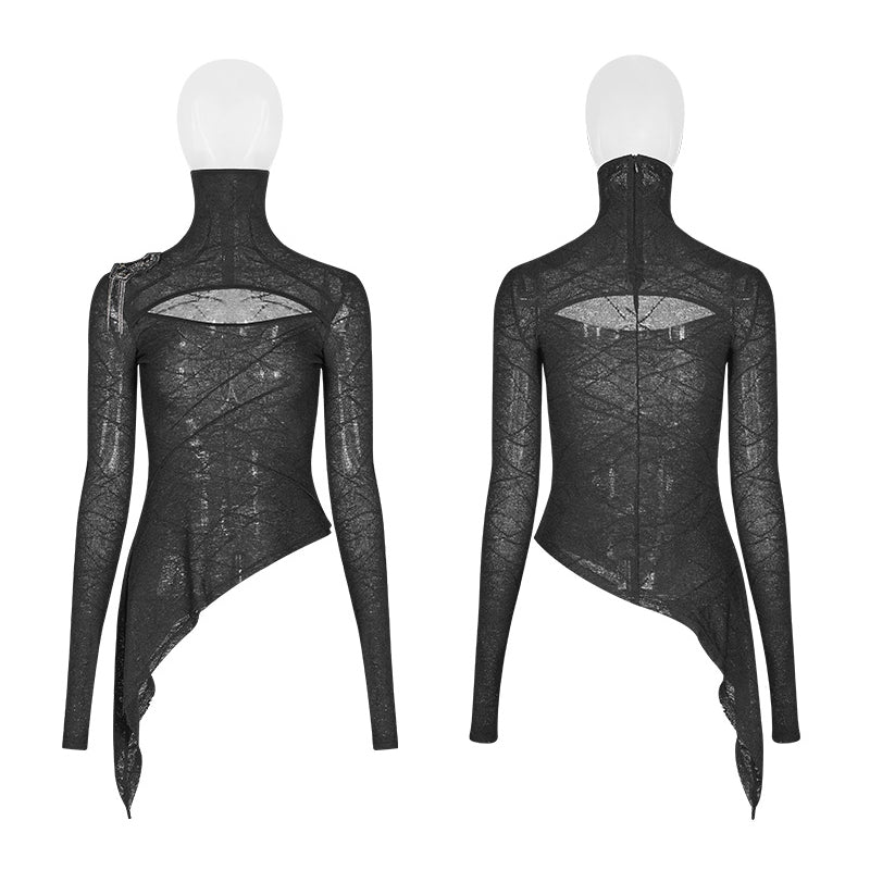 A Maramalive™ woman in a Unique Gothic Lace Shirt: Unusual Peek-a-boo Long Sleeve Top with fishnet stockings.