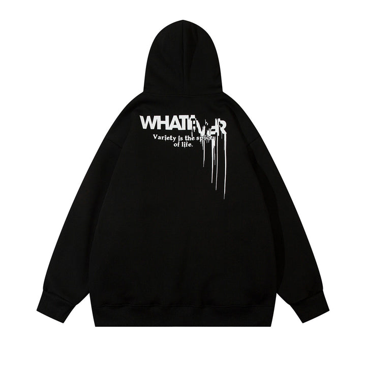 A black Fuzzy Hooded Sweater: Cozy Men's Pullover for Chilly Days with "WHATEVER" and "Variety is the Spice of Life" in white text on the back, featuring paint drip designs by Maramalive™.