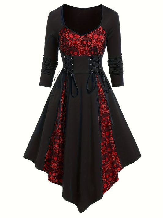 Gothic Dress Colorblock Skull Lace Godet Dress Lace Up Pointed Hem Midi Dress, Women's Clothings
