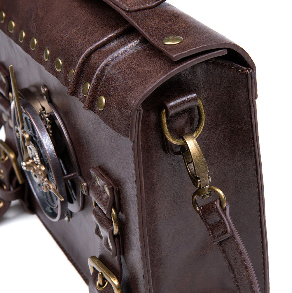 A Maramalive™ steampunk industrial retro style shoulder bag For the Steampunk Fan inside you with a clock on it.