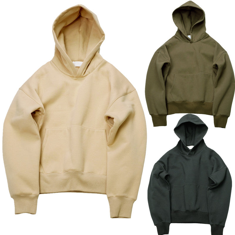 Three Maramalive™ Hoodie Hoodies in beige, olive green, and dark green are displayed against a white background. Each cotton shirt features a front kangaroo pocket and long sleeves. A size chart is available for precise fitting.