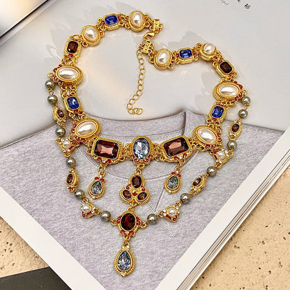 Mid-ancient Temperament Pearl Crystal Shining Diamond Tassel Clavicle Chain Color Gem Neckband Necklace