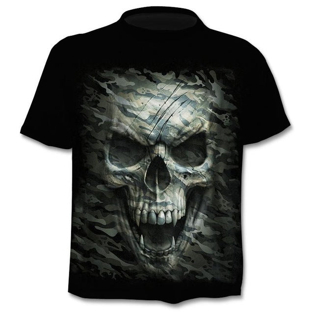A Maramalive™ Punk Rock Rebellion T-shirt Men Punk Style Top Tees Skull Gothic with an image of a skeleton wearing a hat, perfect for Halloween costumes.