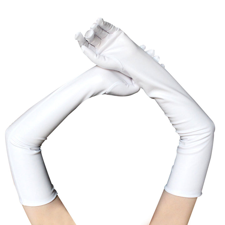 A pair of Maramalive™ Sexy patent leather gloves long on a white background.