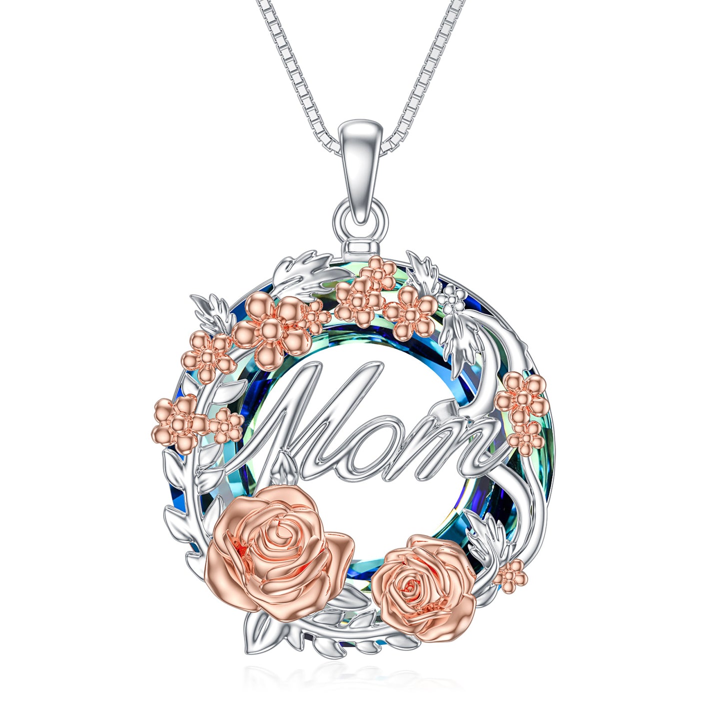 A Maramalive™ Rose Mom Necklace in Sterling Silver with roses and the word mom.