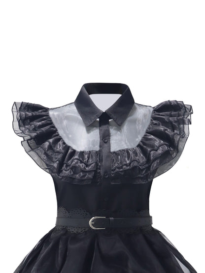 Gothic Cosplay Mesh Dress, Shirt Collar Tiered Goth Dress For Party, Women's Clothing