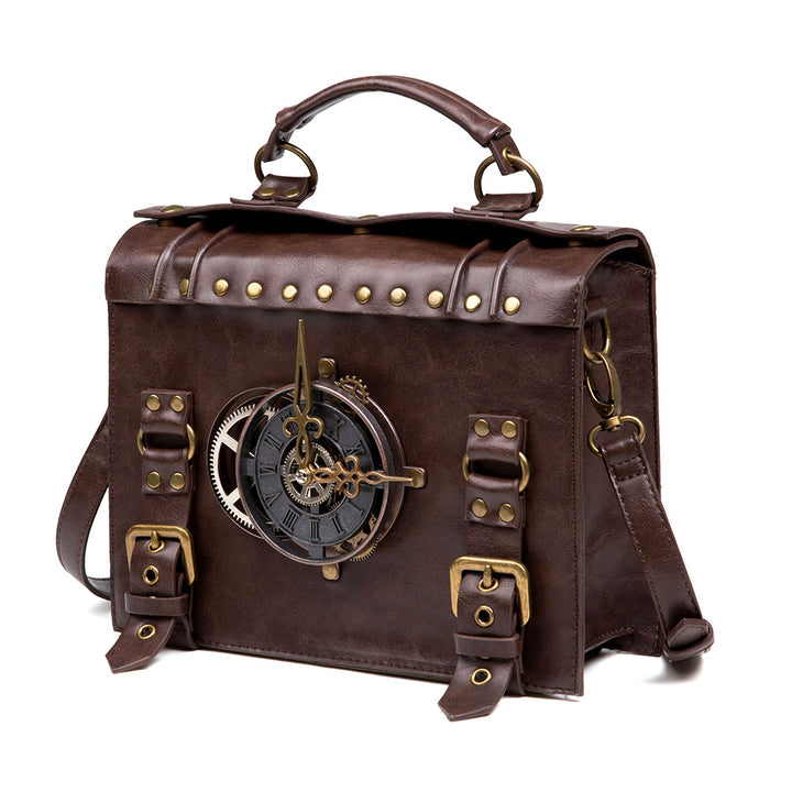 A Maramalive™ steampunk industrial retro style shoulder bag For the Steampunk Fan inside you with a clock on it.