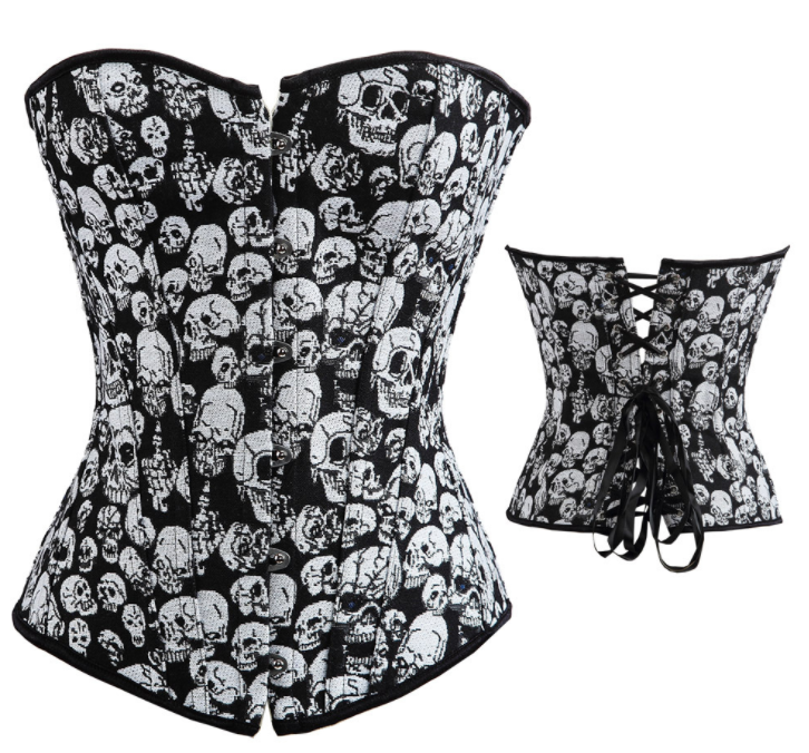 A woman wearing a Maramalive™ Gothic Women's Corset and Bustier sexy Skull Costume Top Showgirl hot Clubwear Shirt Lace up Boned Plus Size S-6XL.