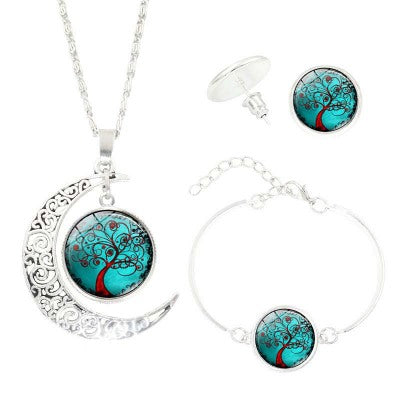 A Tree of Life Time Gemstone Stud Earrings, Bracelet and Necklace Jewelry Set with a tree on the moon by Maramalive™.