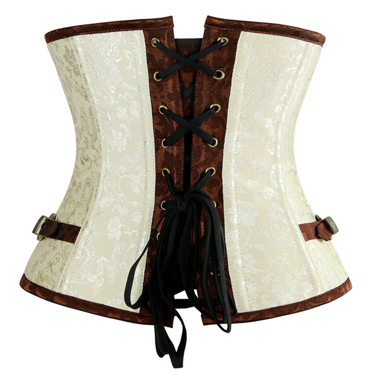 A Gothic Short Waist Seal Belly Corset with a brown and white design by Maramalive™.