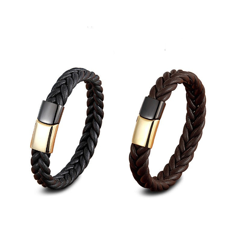 A man wearing a Maramalive™ Stainless Steel Titanium Two-tone Buckle Leather Cord Bracelet with a gold clasp.