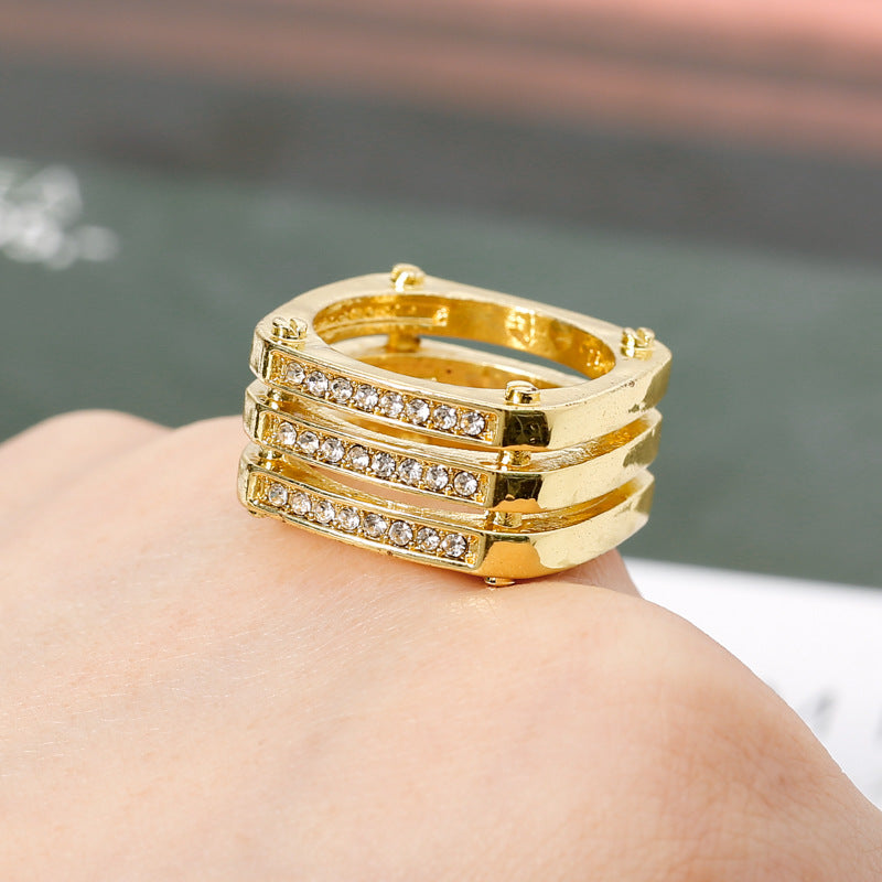 Gold Three-row Diamond Hollow Geometric Ring