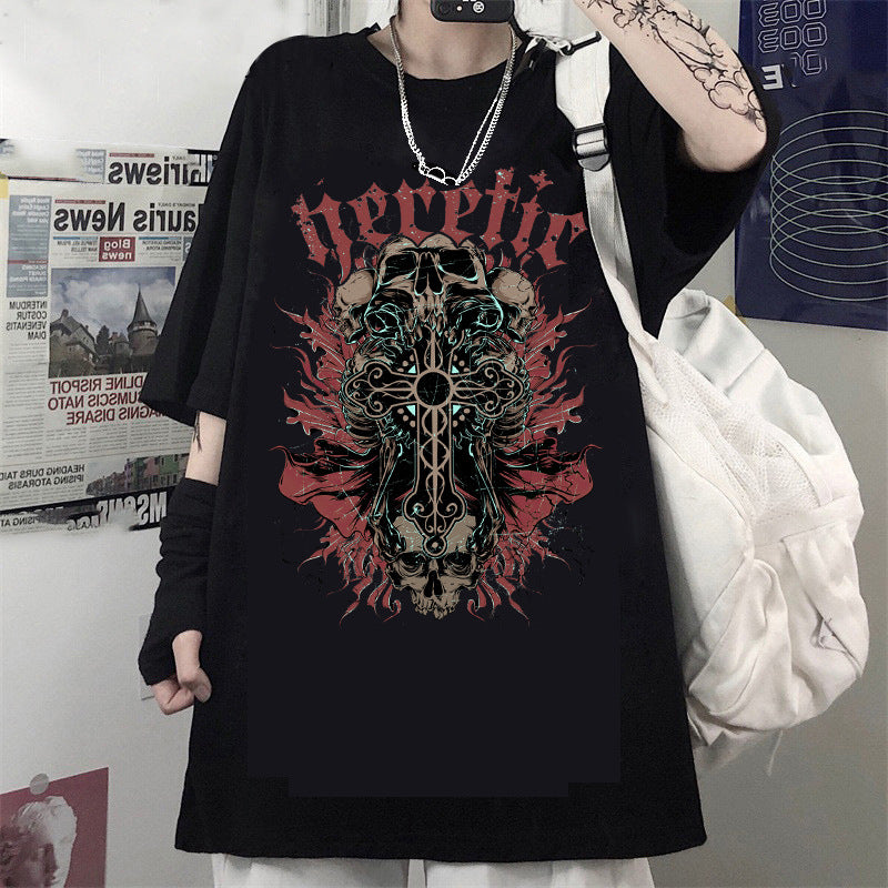 A man wearing a Maramalive™ Men And Women Gothic Style Print Round Neck Loose T-shirt Short Sleeve with a skull print.