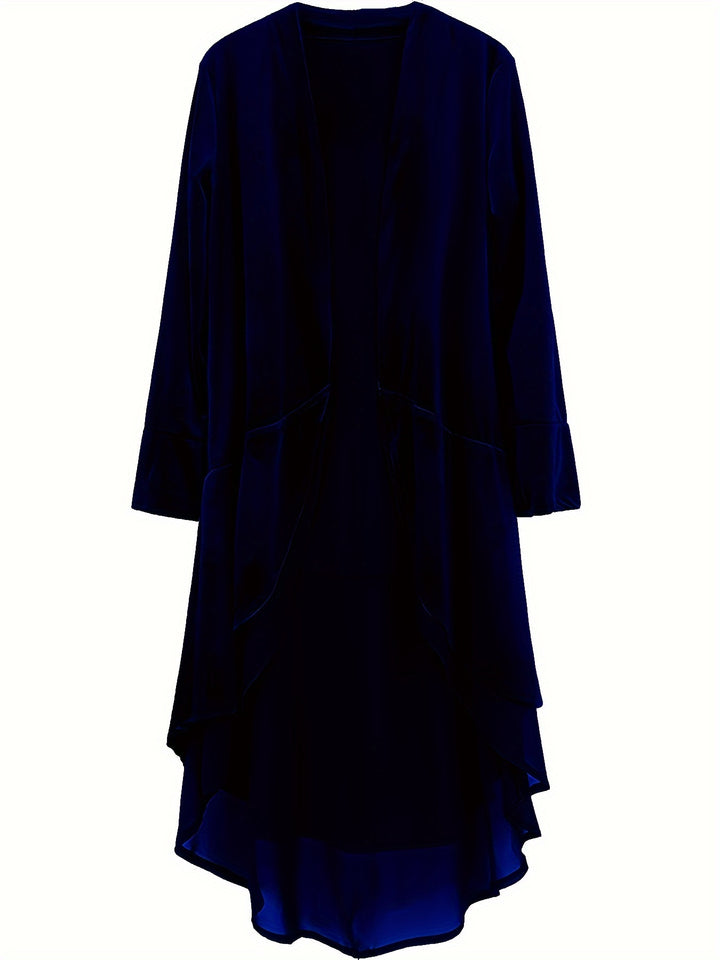 A Maramalive™ Plus Size Elegant Cardigan, Women's Plus Solid Velvet Long Sleeve Open Front Ruffle Trim Longline Cardigan in dark navy blue with a high-low hemline and medium stretch for added comfort.