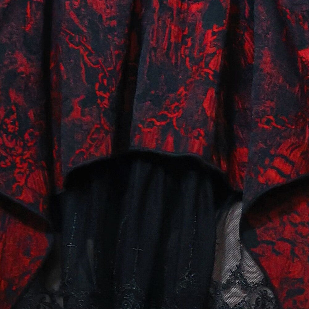 A woman in a Maramalive™ Gothic Red And Black Embossed Jacquard Lace Embroidered Top for an SEO product description.