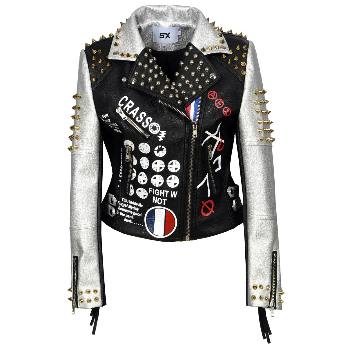 An edgy women's rock graffiti leather jacket adorned with studs and patches, showcasing a rebellious punk style by Maramalive™.