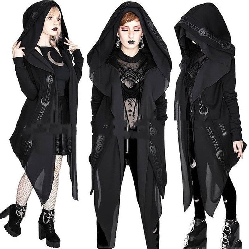 Three individuals in gothic attire, each wearing a Maramalive™ Irregular Black Punk Hooded Jacket Long Patchwork Printed Sweater with elaborate buckles and designs. The middle person has a front-facing stance, while the two on the sides strike street hipster poses.