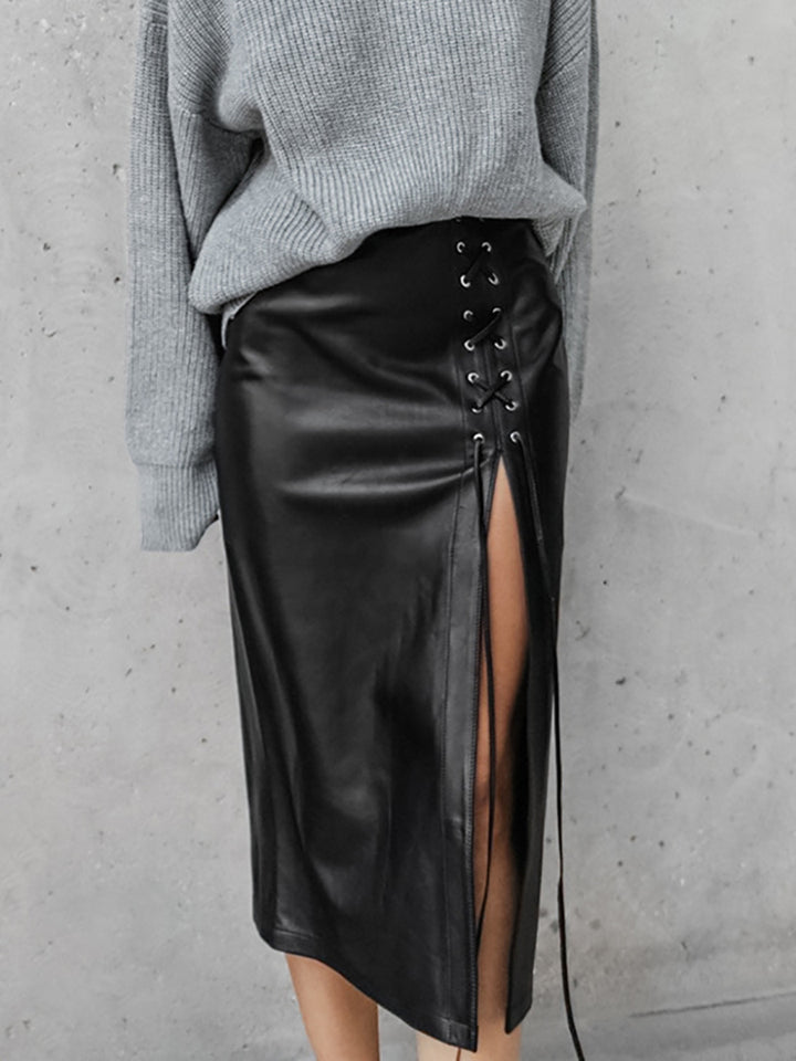 Laced Black Leather Skirt | Side Split Punk Vegan-friendly