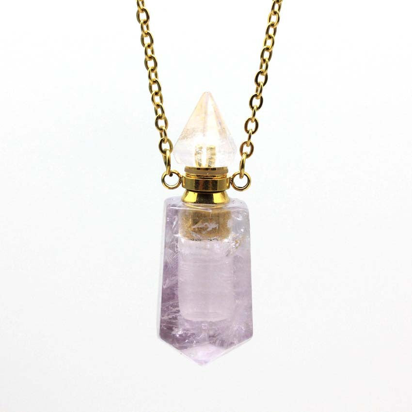 Four different Crystal Perfume Bottle Necklaces with different colored crystals on them by Maramalive™.
