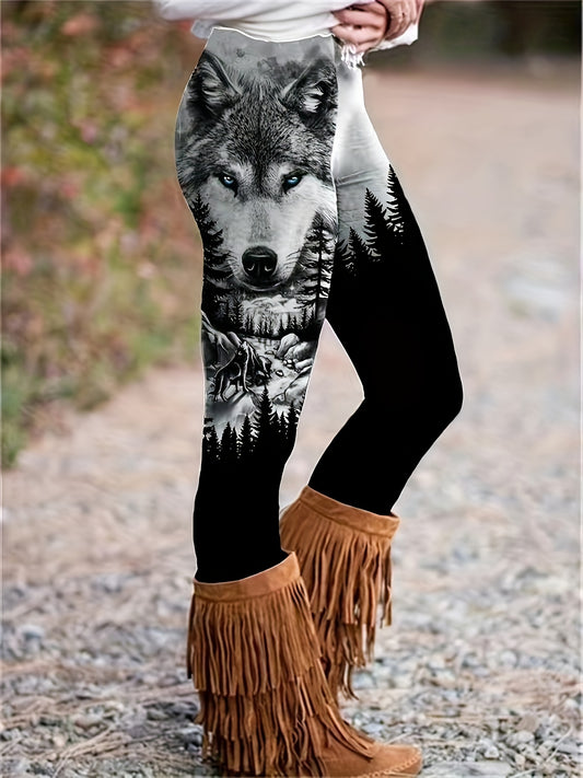 Wolf & Forest Print Skinny Leggings, Casual Elastic Waist Stretchy Leggings, Women's Clothing