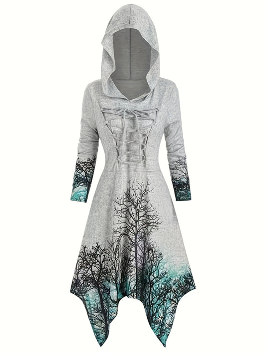 Gothic Graphic Print Drawstring Hooded Dress, Casual Long Sleeve Dress For Spring & Fall, Women's Clothing