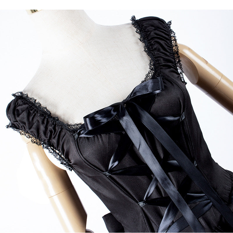 A black Middle Ages Renaissance Gothic Women's Dress Rope High Waist with a bow on it from Maramalive™.