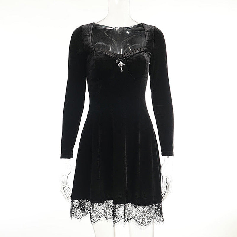 A Vintage Gothic Dress Strapless Lantern Sleeve Velvet Patchwork Mesh Dark Black with a ruffled sleeve by Maramalive™.