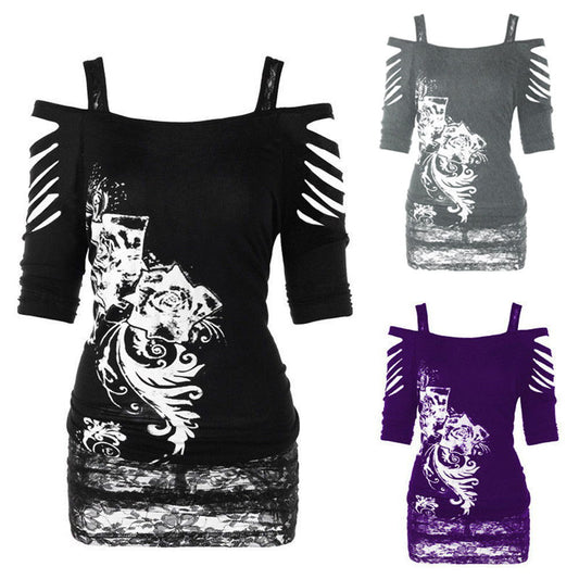 A Rebel Without a Sleeve - New Off Shoulder Printed Rock Gothic Sling T-Shirt by Maramalive™, with a rebellious design comprising black, purple, and white.