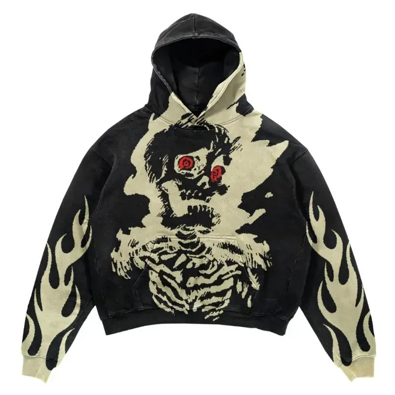 A Maramalive™ Popular Skull Print Design Hoodie Retro Street Gothic Style with cream-colored flame patterns on the sleeves and a large graphic of a skeleton with red eyes on the front, exuding an urban edge perfect for gothic street style.
