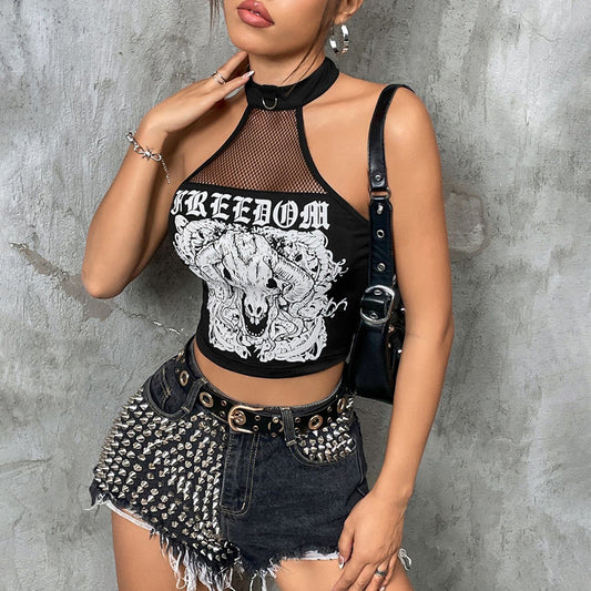 Goth Skull Halter Printed Tee, Lettered Picture on Neck Top on woman with a pair of studded cut-off jean shorts with a belt.