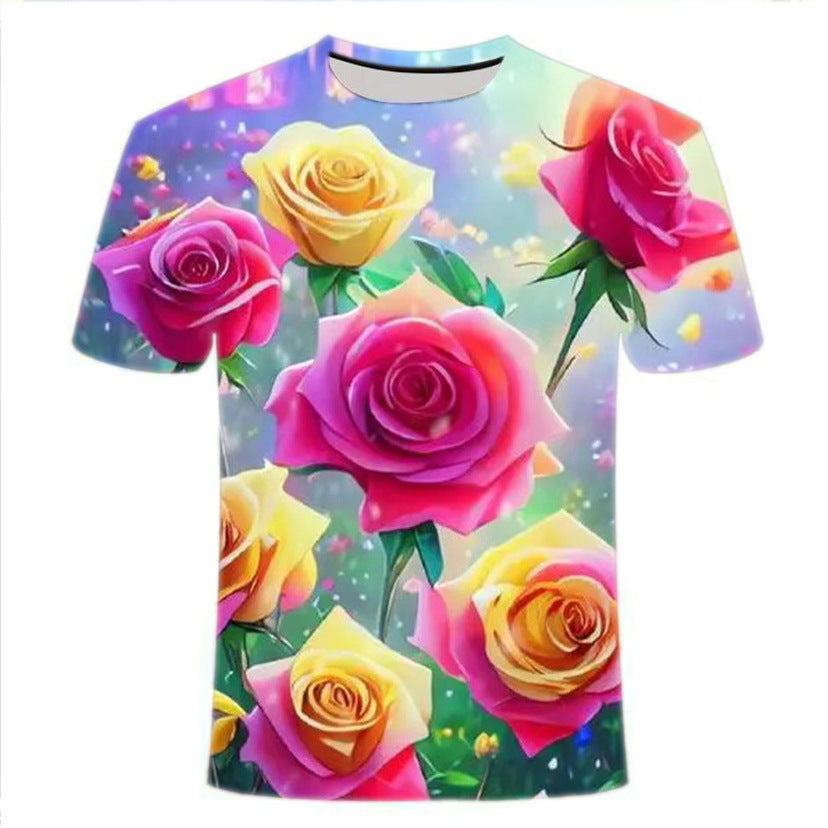 A Maramalive™ 3D Printed Men's Crew Neck Casual T-shirt featuring a vibrant digital print of pink and yellow roses on a dreamy pastel background, crafted from soft Polyester Fiber.