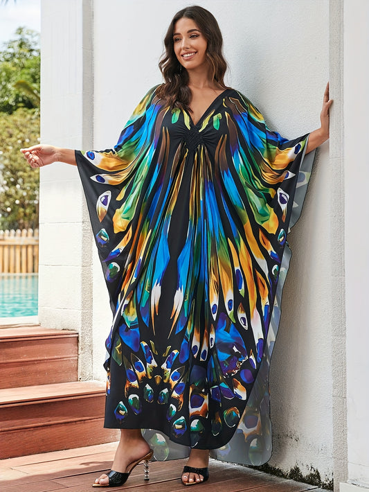 Plus Size Boho Cover Up, Women's Butterfly Print Chinese Knot Braided V Neck Maxi Loose Fit Beach Kaftan Dress