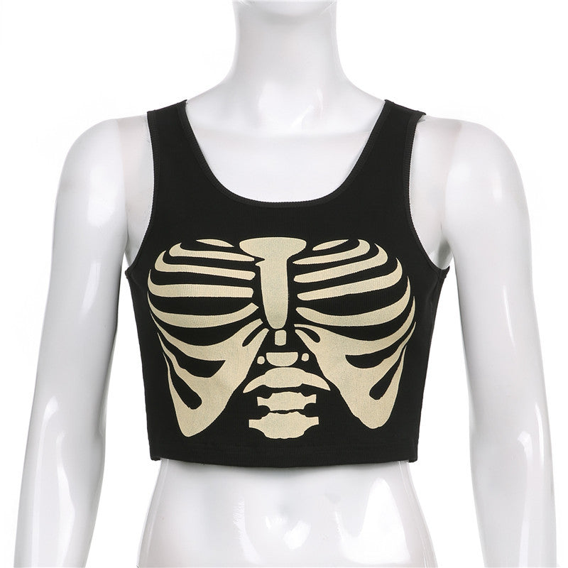A mannequin wearing a Maramalive™ Gothic Style Vest Skull Print Fashion, a sleeveless black vest with a gold skeleton ribcage print on the front, made from a polyester fiber blend.