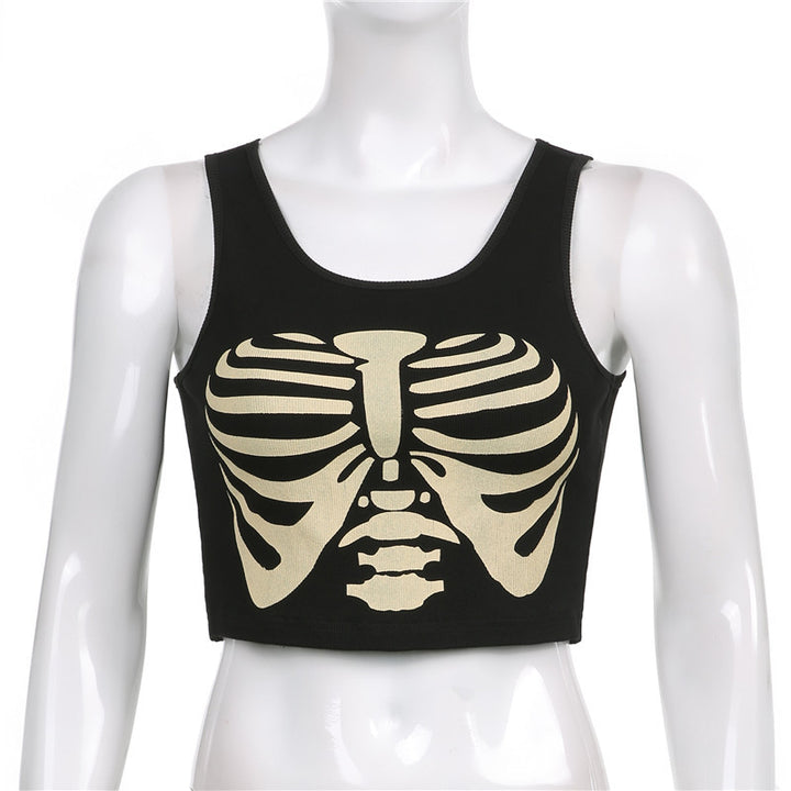A mannequin wearing a Maramalive™ Gothic Style Vest Skull Print Fashion, a sleeveless black vest with a gold skeleton ribcage print on the front, made from a polyester fiber blend.