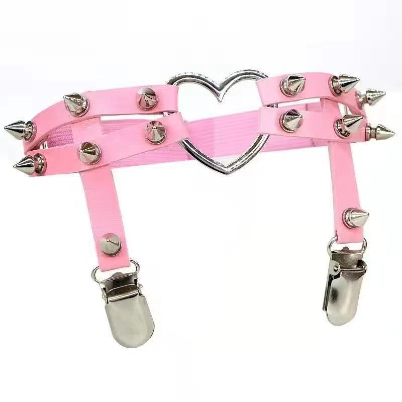 Punk Faux Leather Choker - Gothic Spiked Heart Necklace Pink Leather