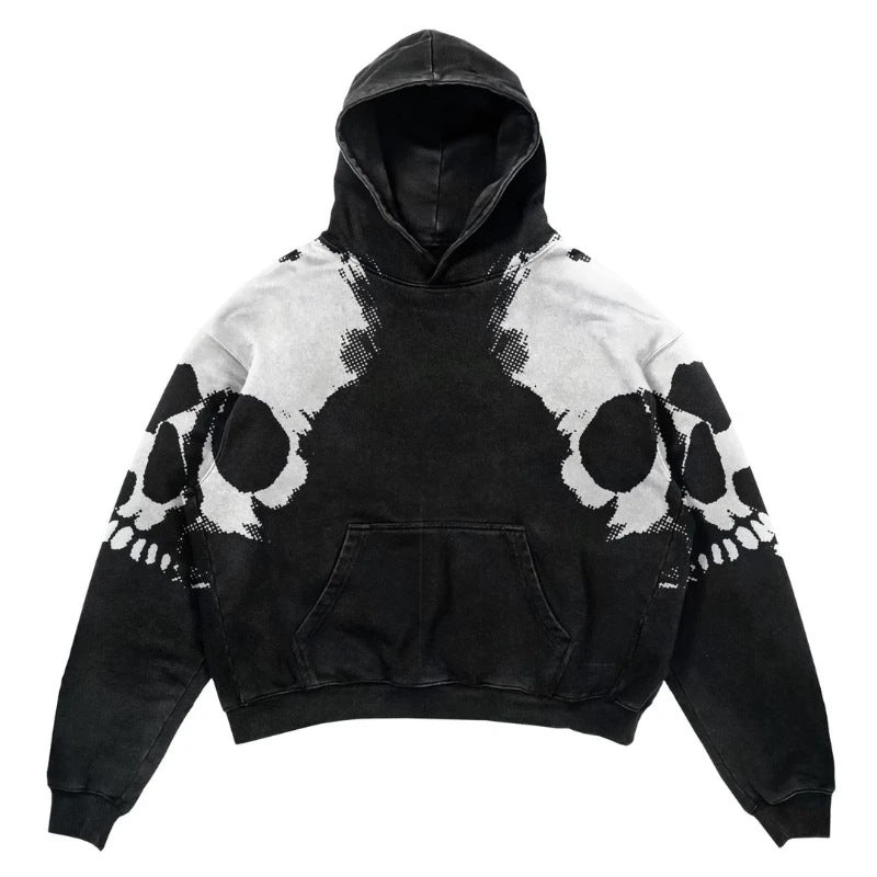 Introducing the Maramalive™ Popular Skull Print Design Hoodie Retro Street Gothic Style: A black skull hoodie with a striking design on the front and sleeves. Perfect for those who appreciate gothic street style, this urban edge piece is showcased against a crisp white background.