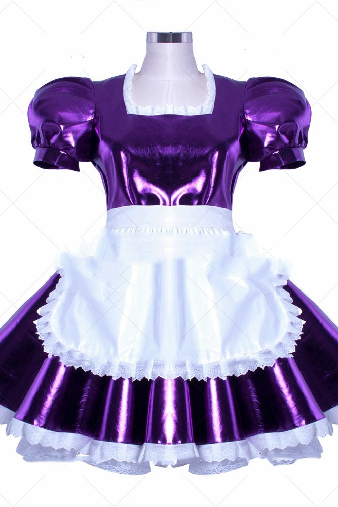 An eye-catching Purple PVC Patent Leather Maid Dress on a mannequin, perfect for women's clothing enthusiasts. (Brand: Maramalive™)
