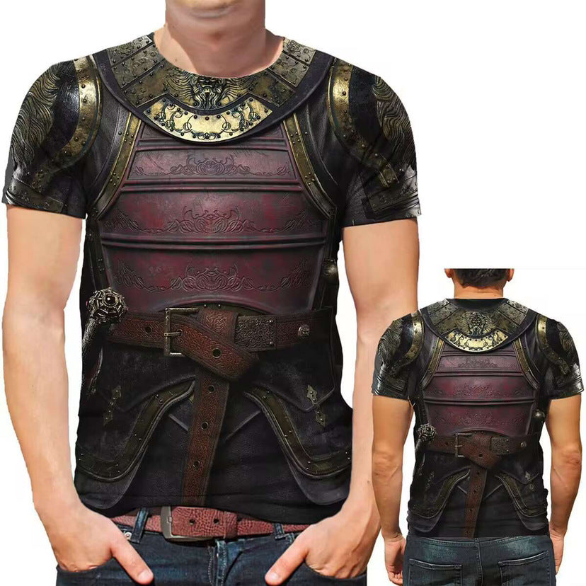 A person is wearing a Maramalive™ 3D Printed Men's Crew Neck Casual T-shirt designed to resemble medieval armor with intricate detailing. The front and back feature realistic armor graphics, achieved through advanced digital printing, including a belt and shoulder padding. Made from durable polyester fiber, it ensures lasting comfort and style.